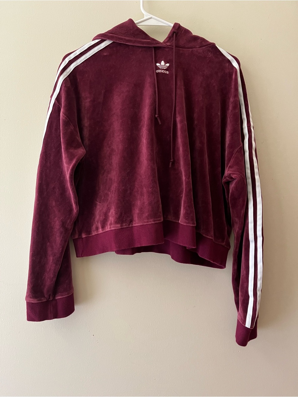 adidas Burgundy Velour Cropped Hooded sweater with White Stripes size small